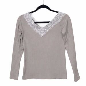 Ray Cassin Taupe Ribbed Lace Deep V Neck Sweater